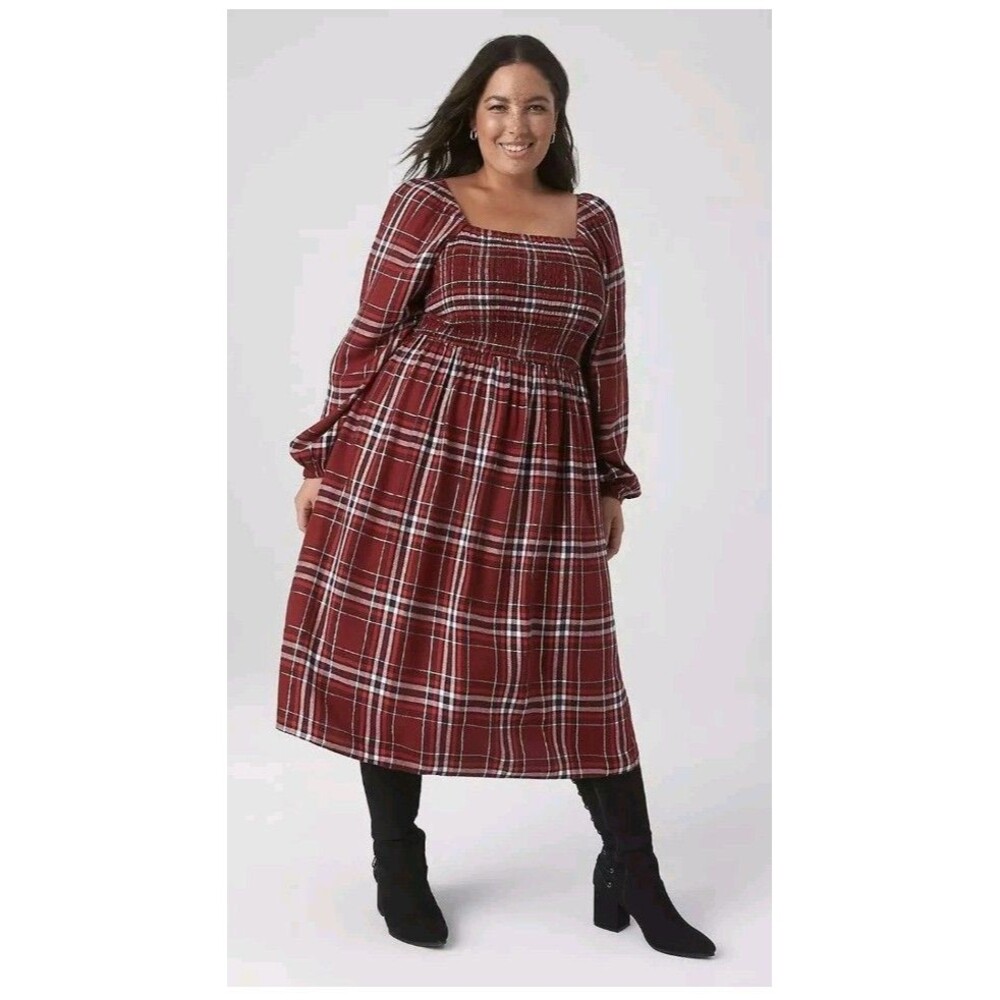 Lane Bryant Dress Red Plaid Square Neck Smocked Balloon Sleeves Womens 18/20 NWT